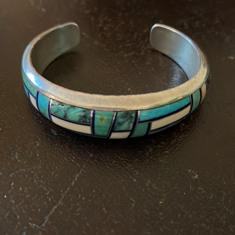 Vintage Native American Navajo Aaron Toadlena Turquoise Silver Inlay Bracelet - Picture 4 of 17